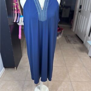 Blue Embellished Halter Midi Sundress